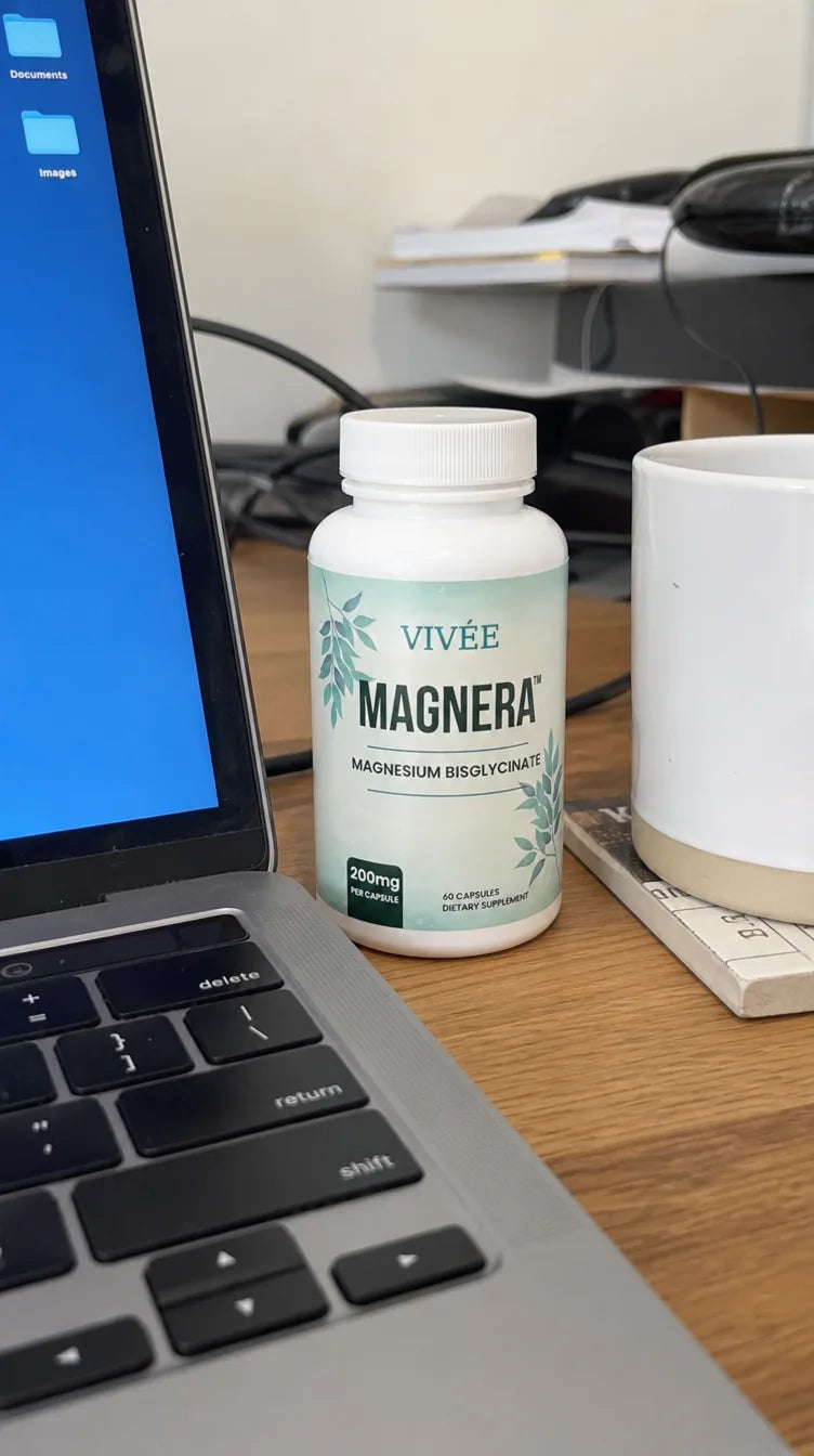 Demo review photo: a bottle of Vivée Magnera on a work desk beside a laptop