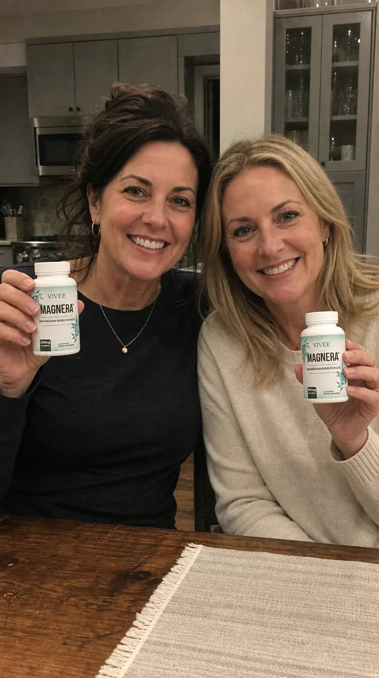 Demo review photo: two friends at a kitchen table, each holding a bottle of Vivée Magnera