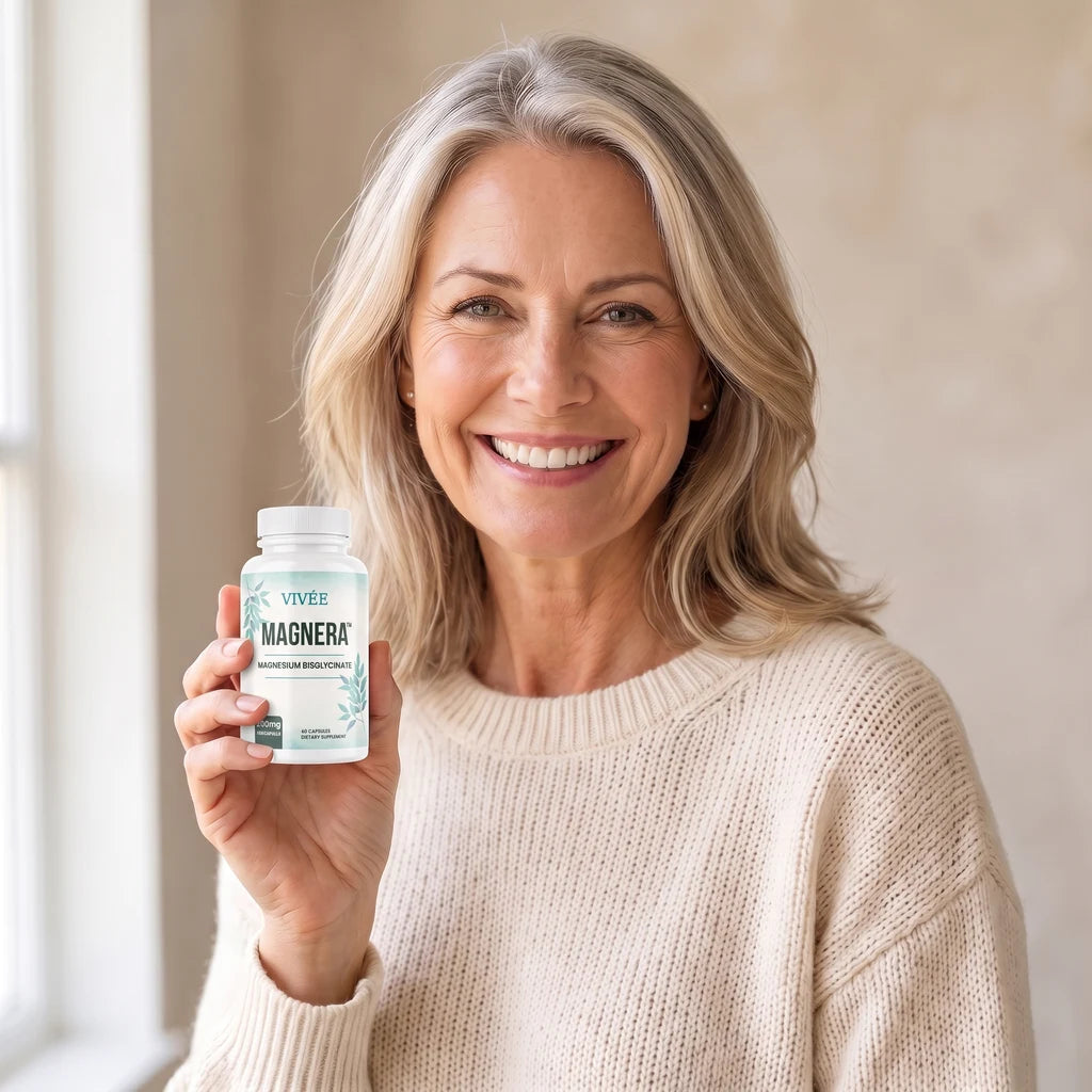 A woman holding a bottle of Vivée Magnera magnesium bisglycinate