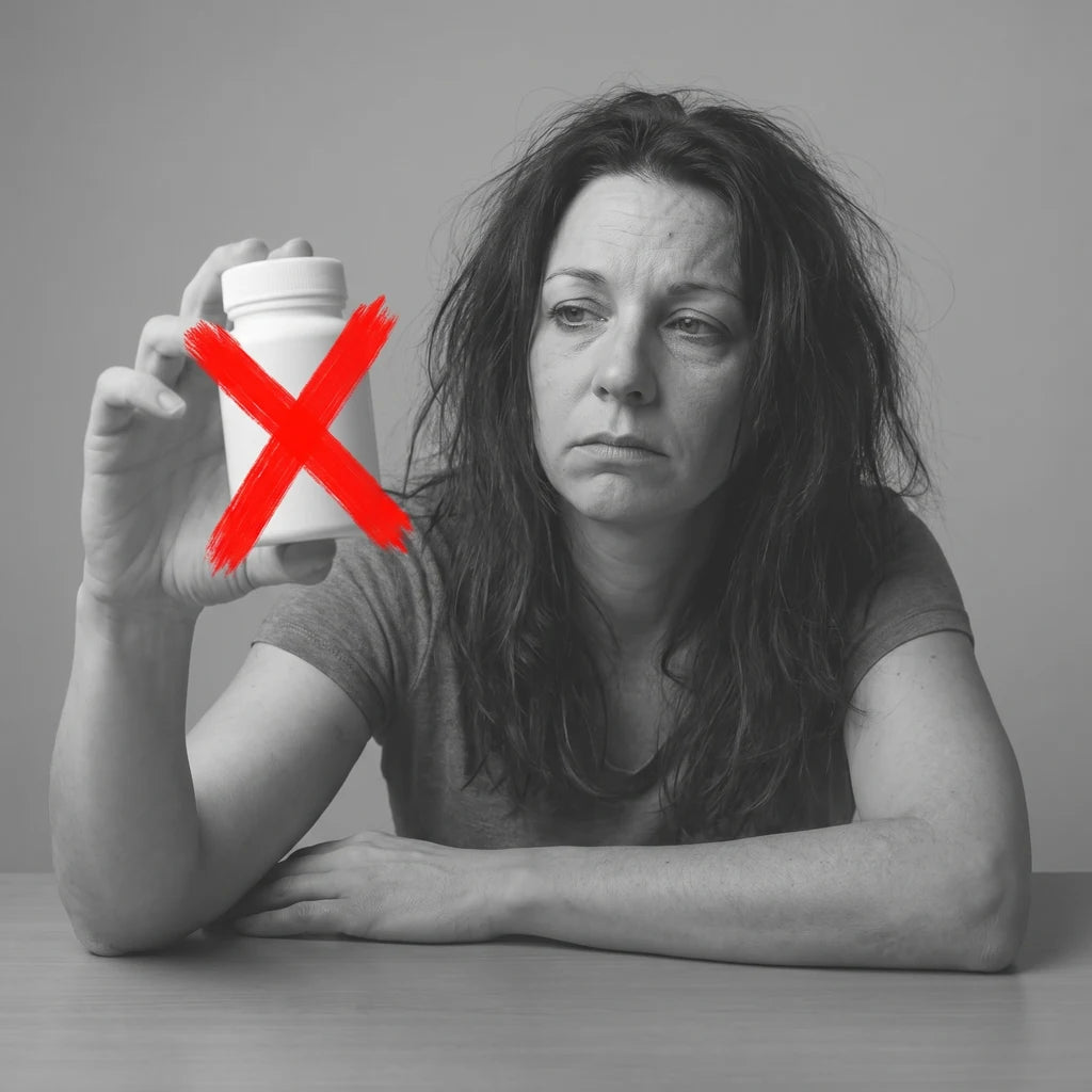 A tired woman holding a plain pill bottle crossed out in red